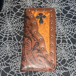 Canyon Sky Brown and Black Leather Wallet with Cross Design